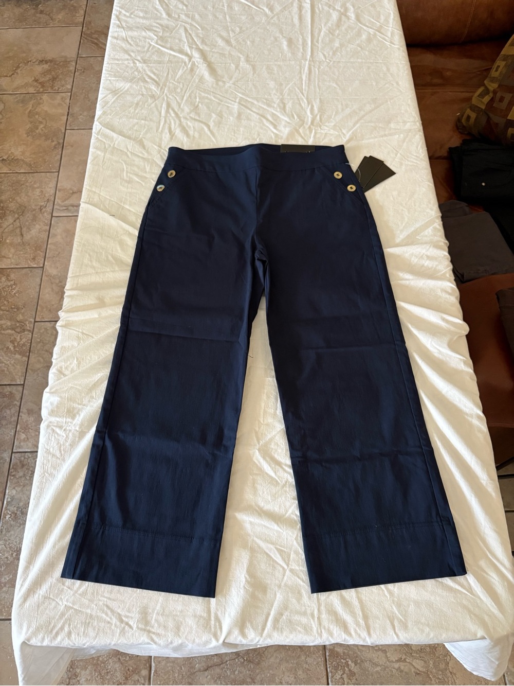 New Attyre Navy Wide-Leg Crop Pants with Side Button Detail